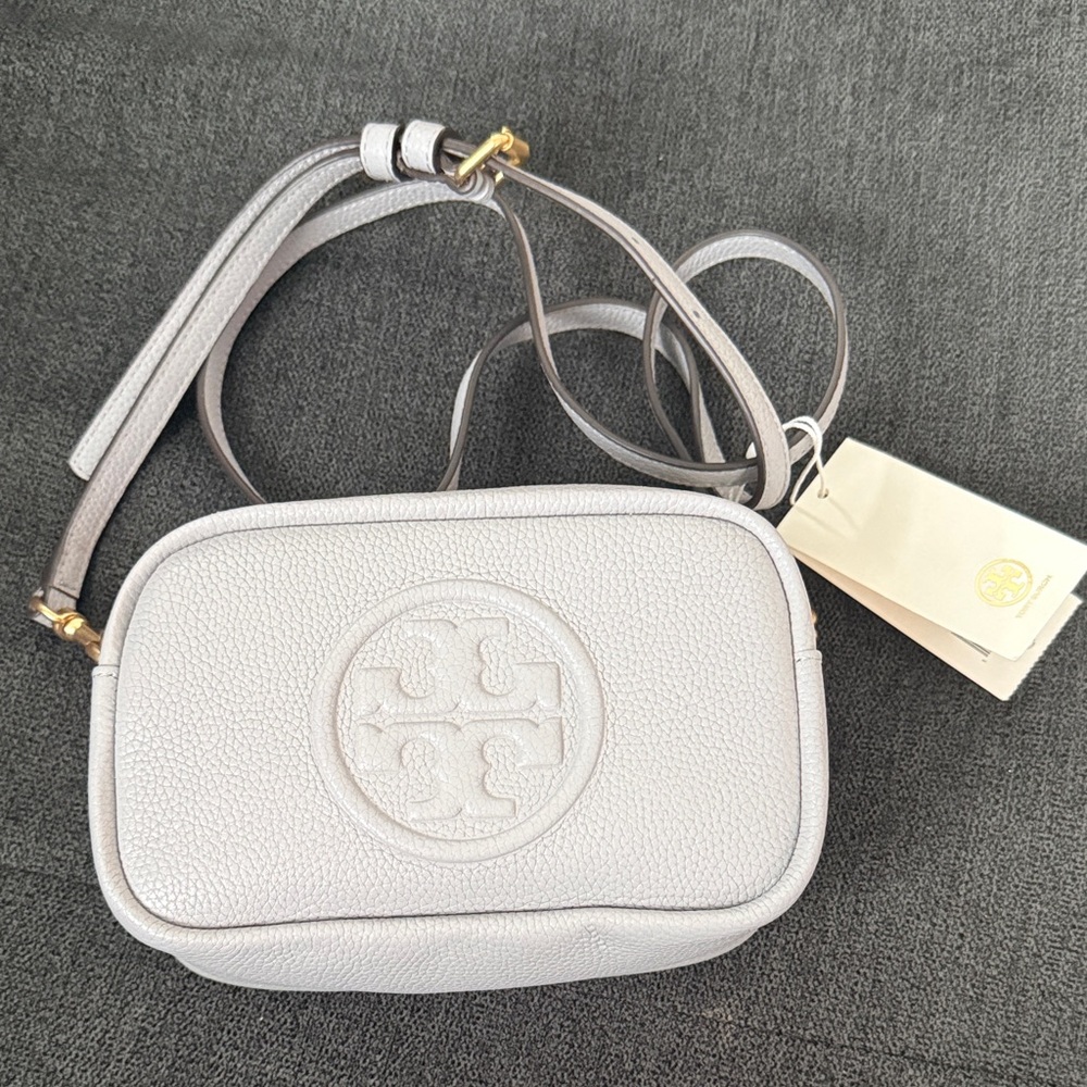 Tory Burch Light Gray Pebbled Leather Logo Camera Crossbody